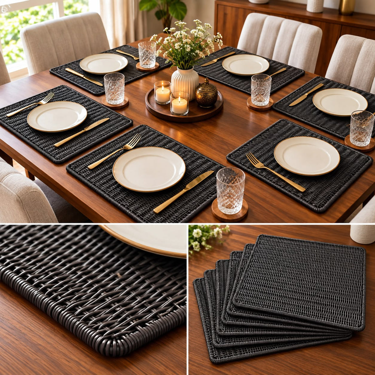Turkish Wooden Woven Dining Table Mats – Set of 6 | Premium Black