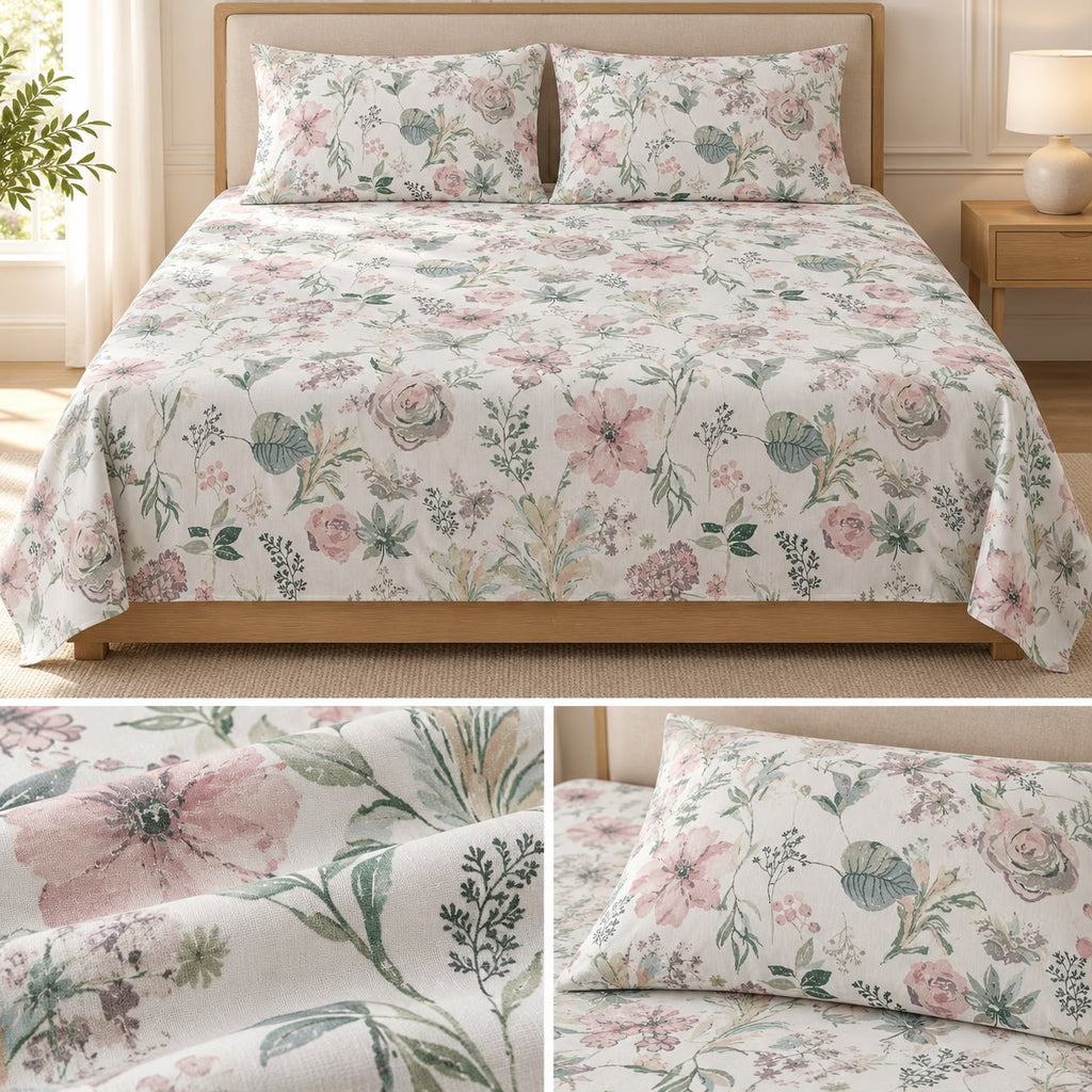 Premium English Botanical Floral Printed Bedsheet Set – King Size 3 Pcs