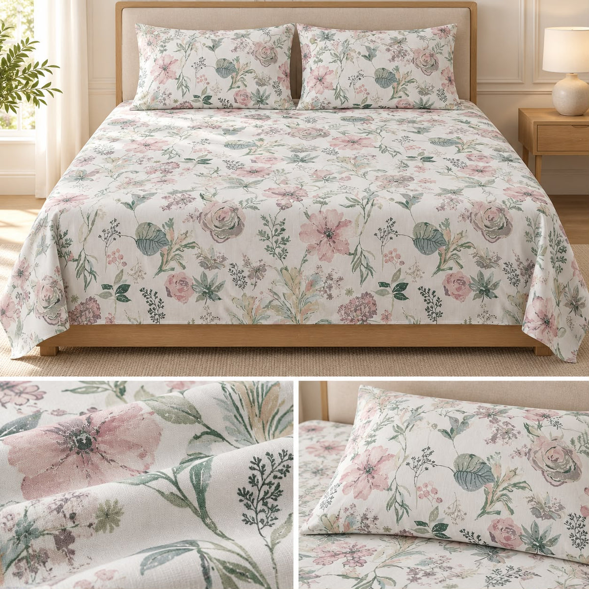 Premium English Botanical Floral Printed Bedsheet Set – King Size 3 Pcs