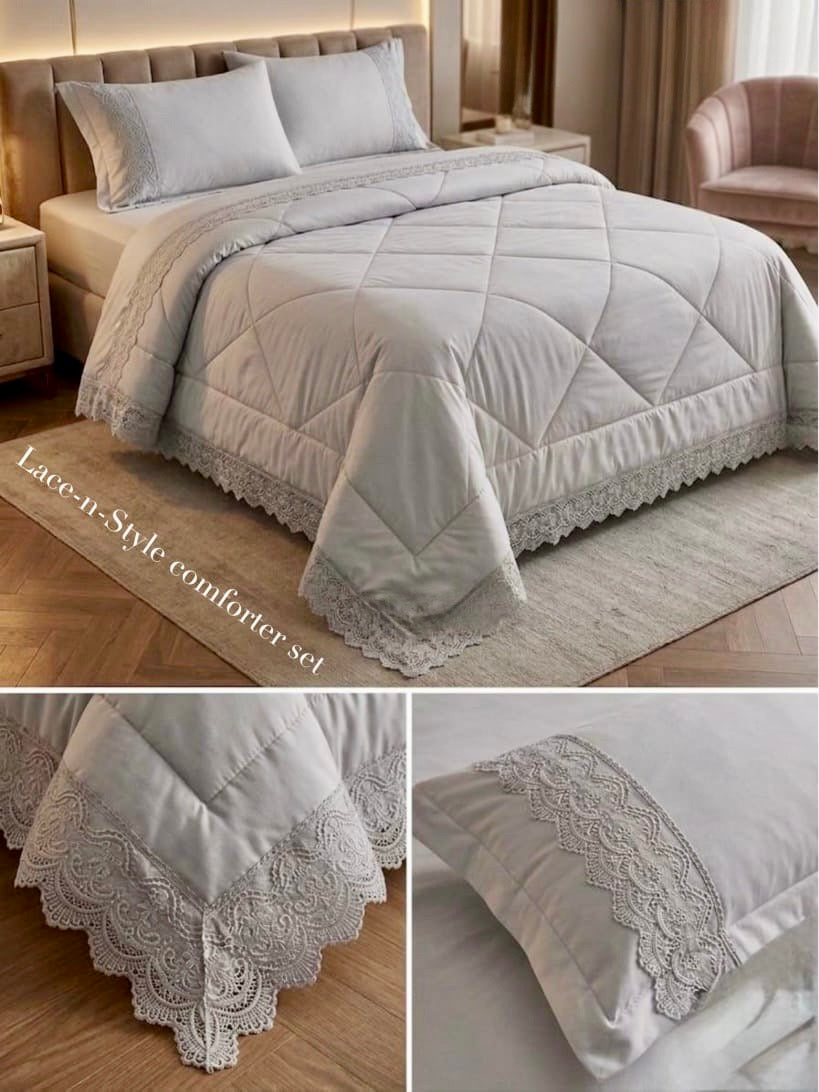 4-Piece Luxury AC Comforter Set with Lace Detailing – King Size