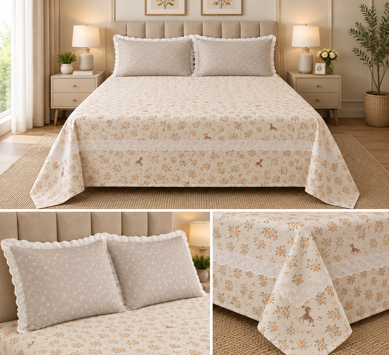 Victorian English Print King Size Bedsheet with Lace Product Code :- 55B99RKEH