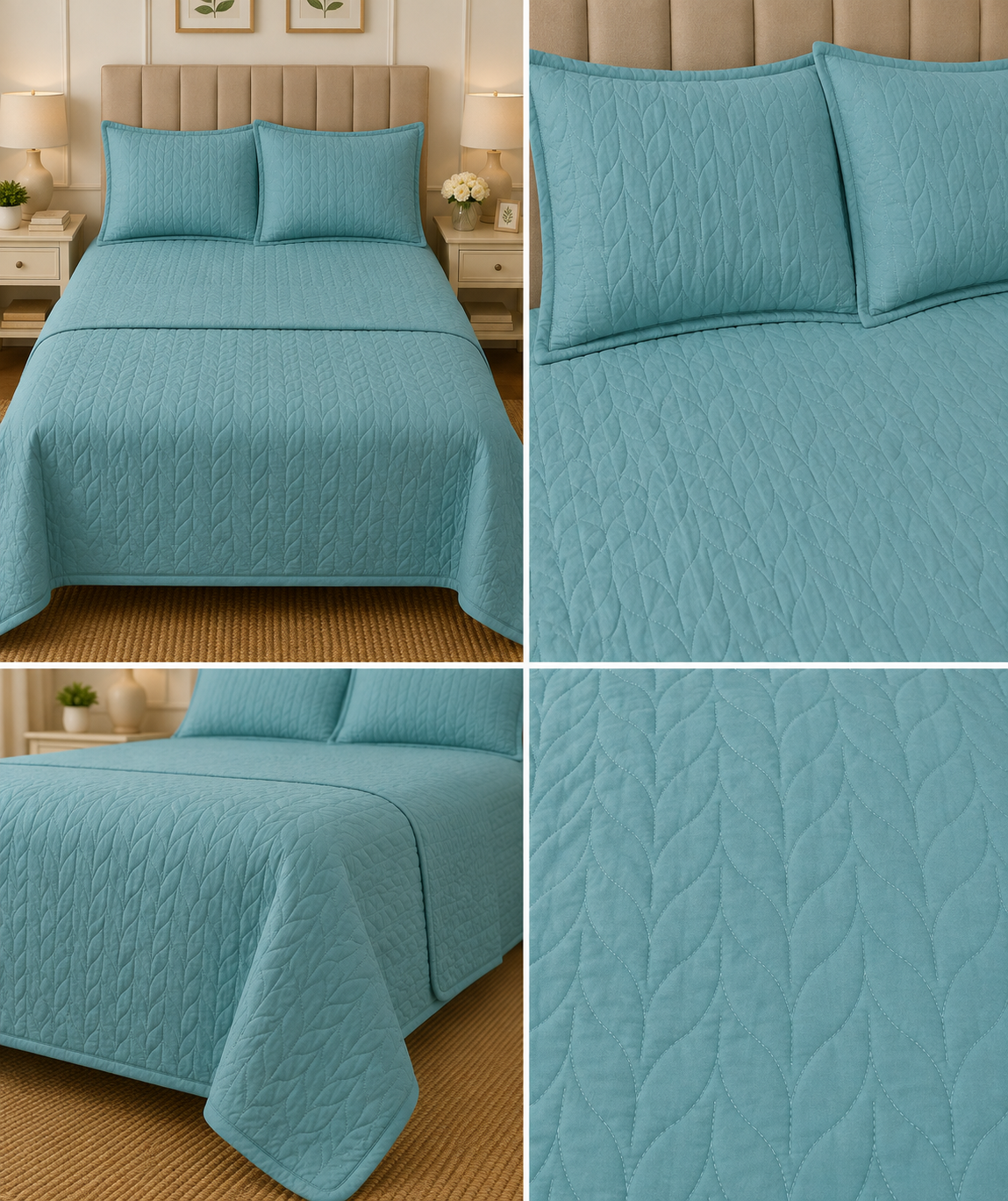 Plain King Size Quilted Bedcover with 2 Matching Pillow Covers – Elegant Leaf Stitch Design | Product Code :- 55B145RKEH