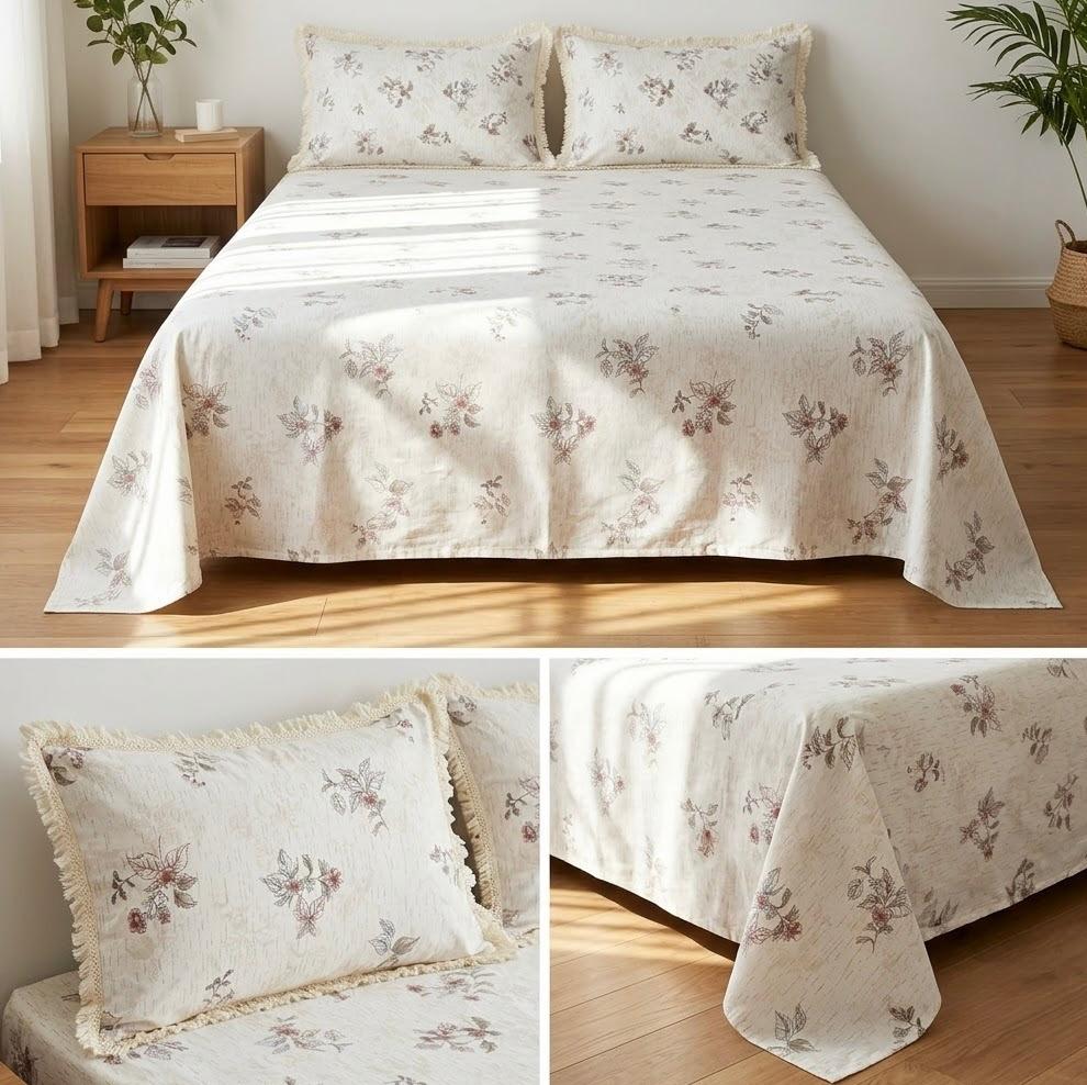 Designer Cotton Bedsheet Set with Elegant Tassel Fringe Pillow Covers – King Size (3 Pcs)