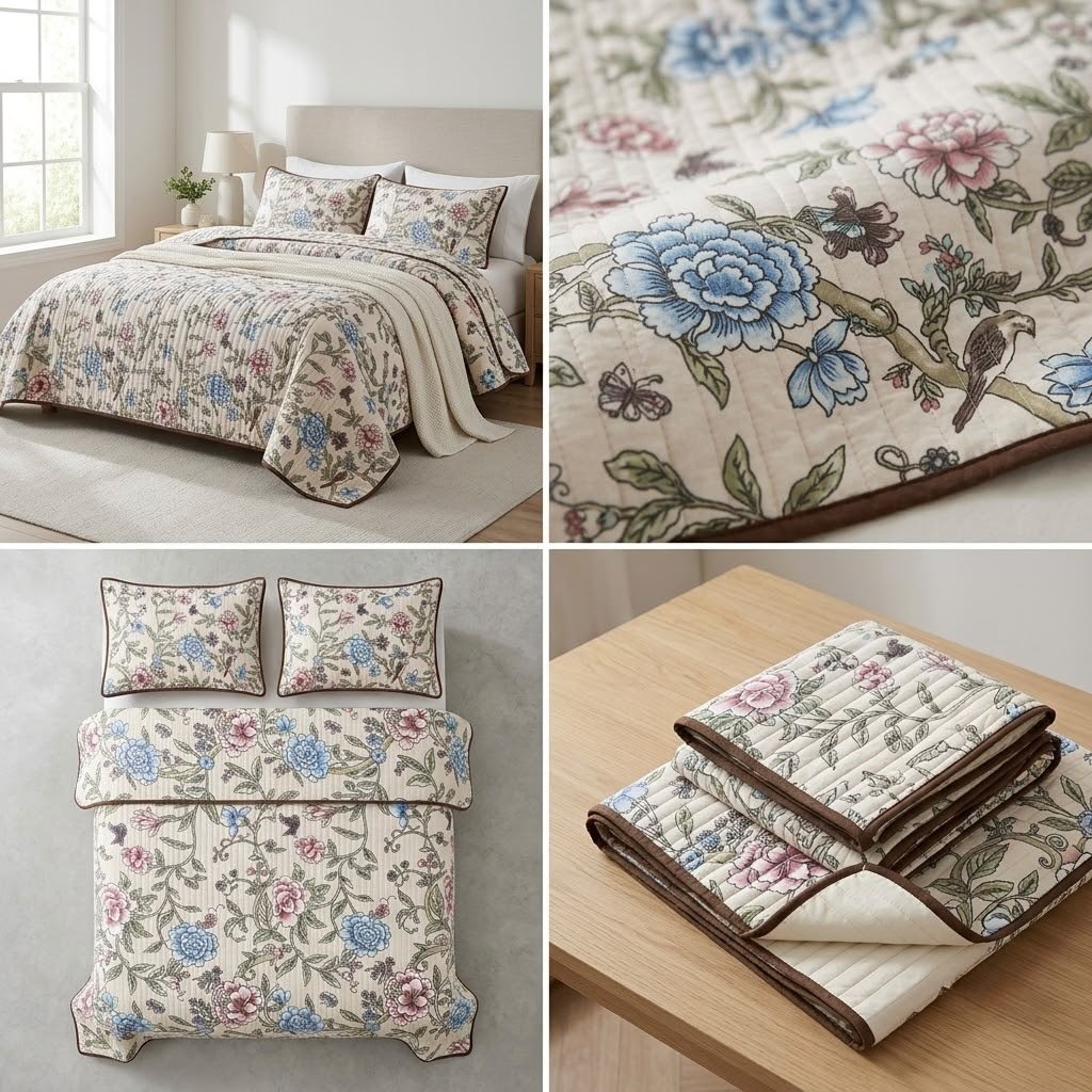 English Garden Floral Quilted Bedcover – 3 Piece Set with Matching Pillow Covers
