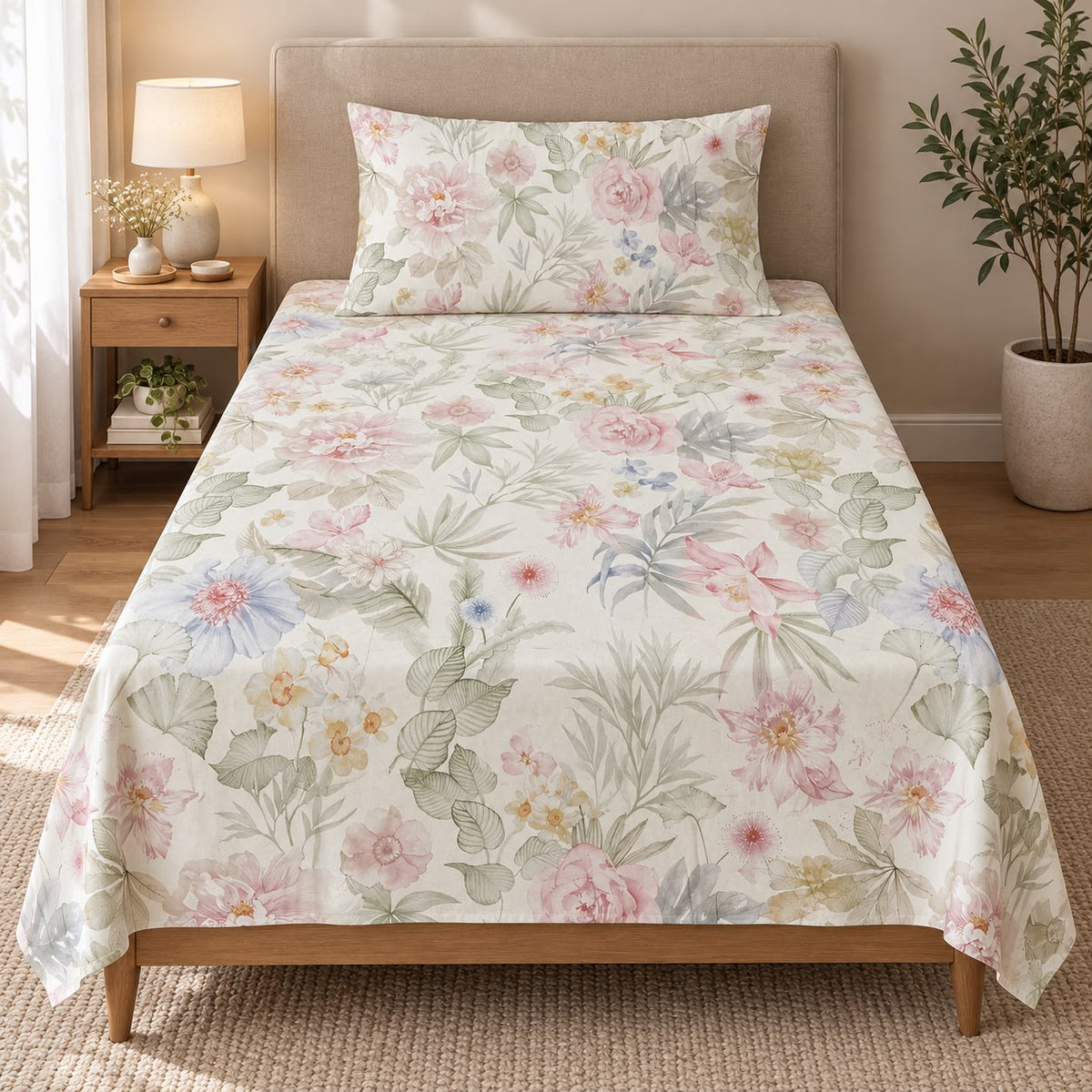 Printed Single Bedsheet Set – 2 Pcs (1 Bedsheet + 1 Pillow Cover) 100 % Pure Cotton