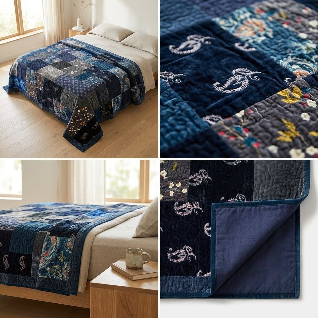 Midnight Mosaic Patchwork Velvet King Size Bedcover