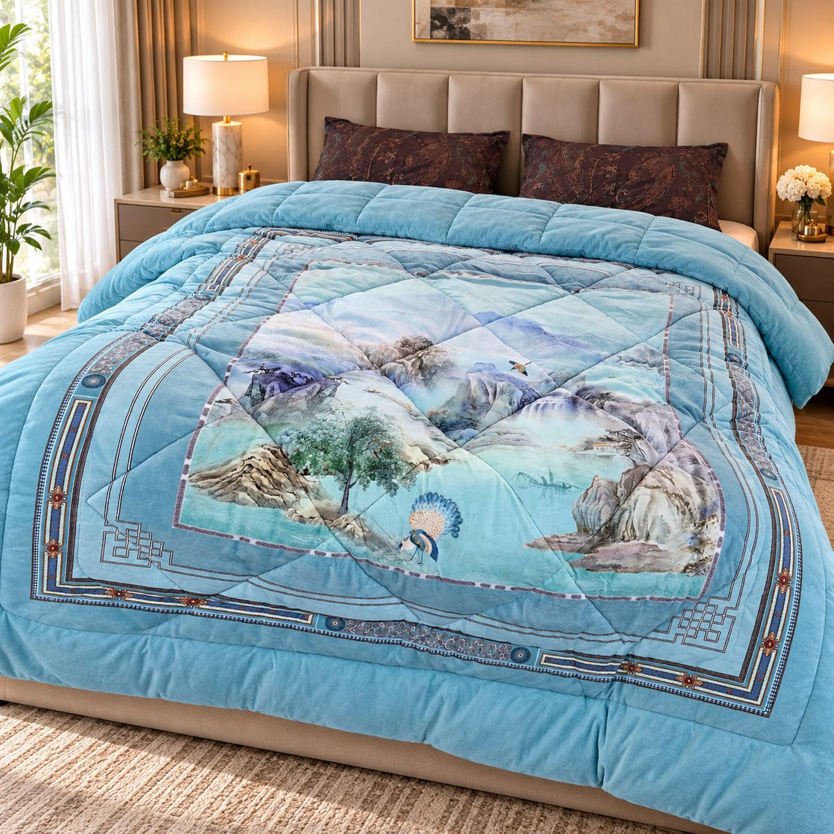 Serene Peacock Valley Printed Rajai – King Size Luxury Winter Quilt