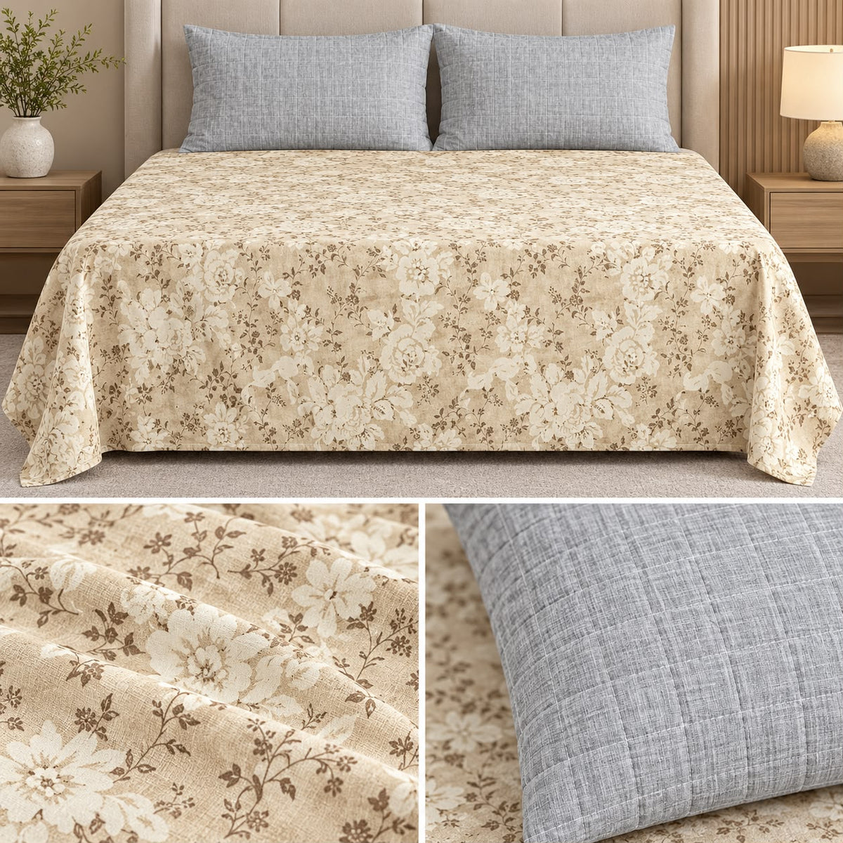 Floral Printed King Size Bedsheet with 2 Quilted Pillow Covers (108 x 108 Inches) Product Code:- 55B99RKEH (Copy)