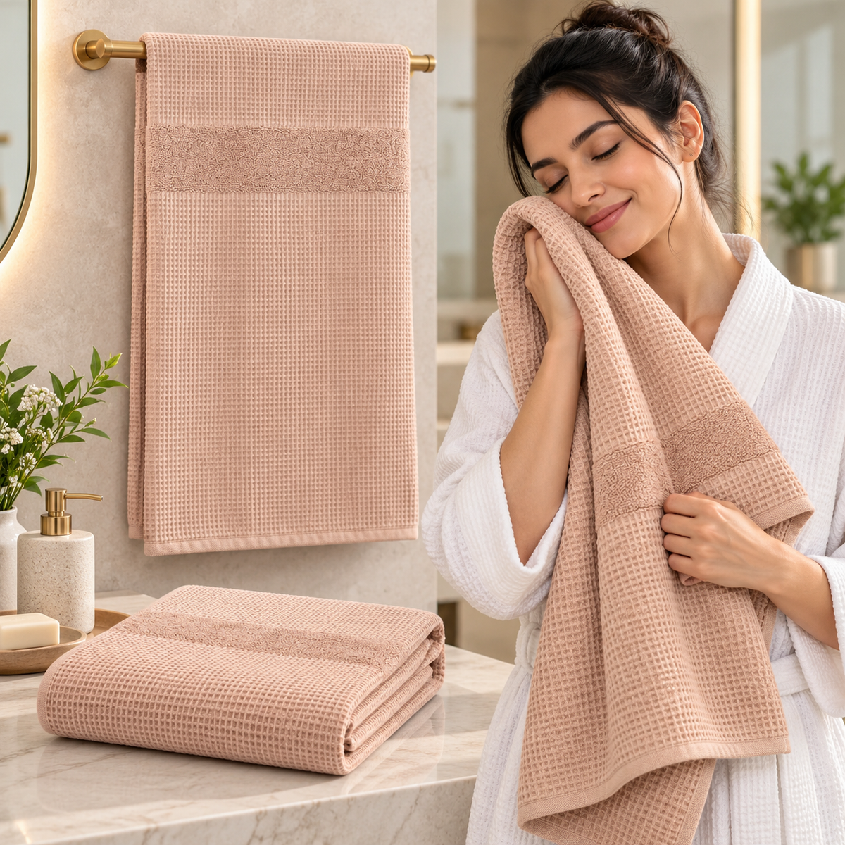 Luxe Pocket Waffle Terry Cotton Bath Towel – 75 × 150 CM | Textured Designer Bath Towel