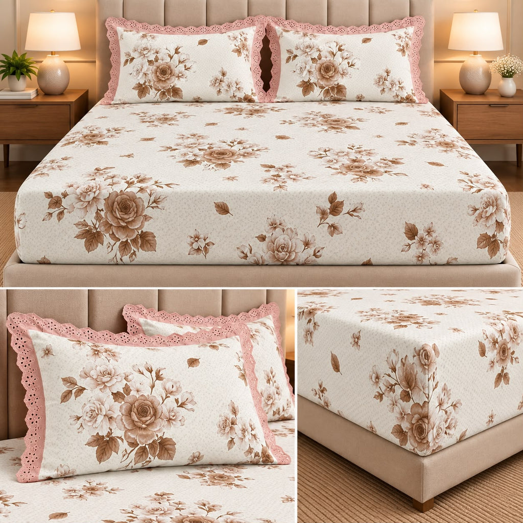 Vintage Bloom Fitted Bedsheet Set with Lace Pillow Covers – King Size 3 Pcs