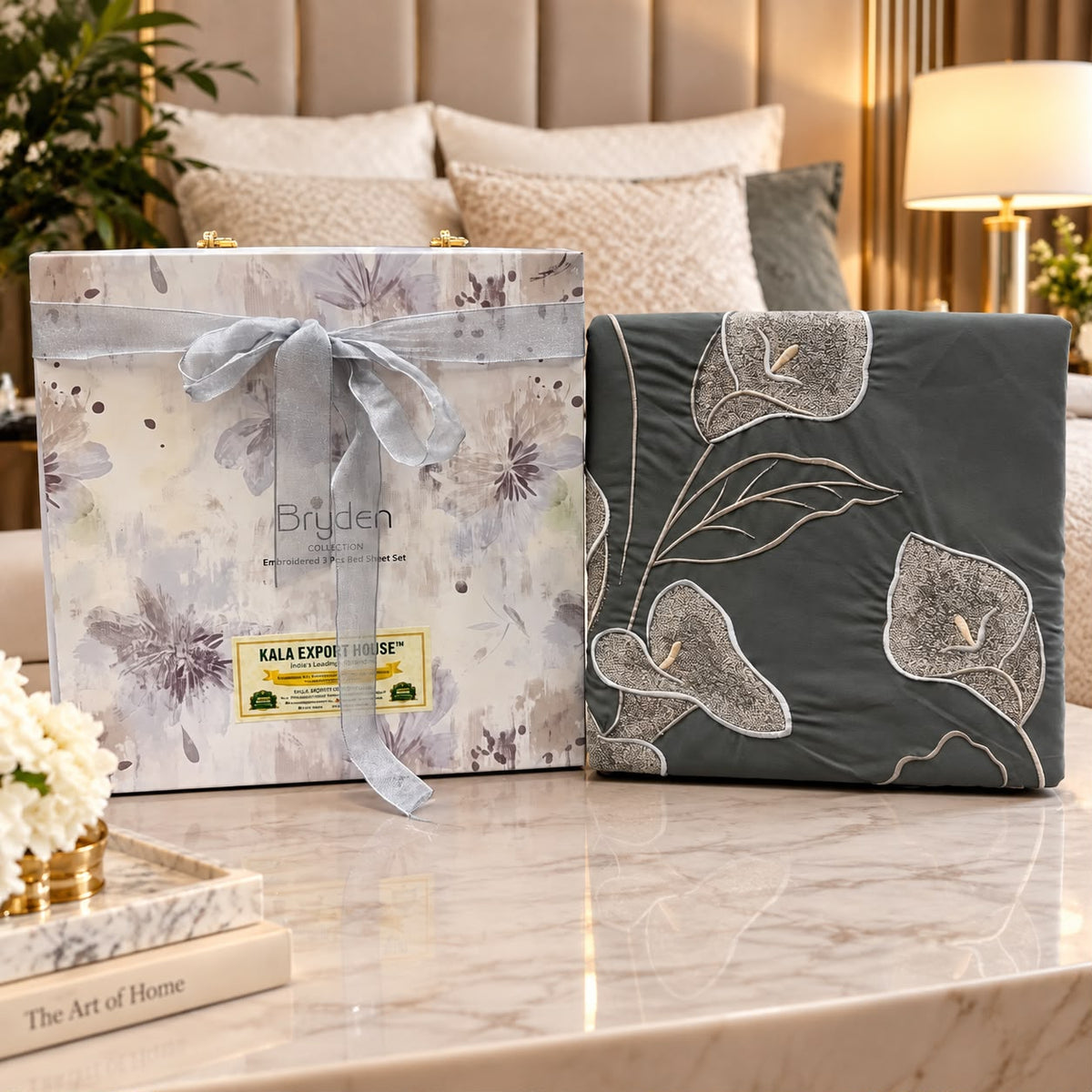 Moonlit Calla Luxe Embroidered Gift Box Bedsheet Set – 3 Pcs