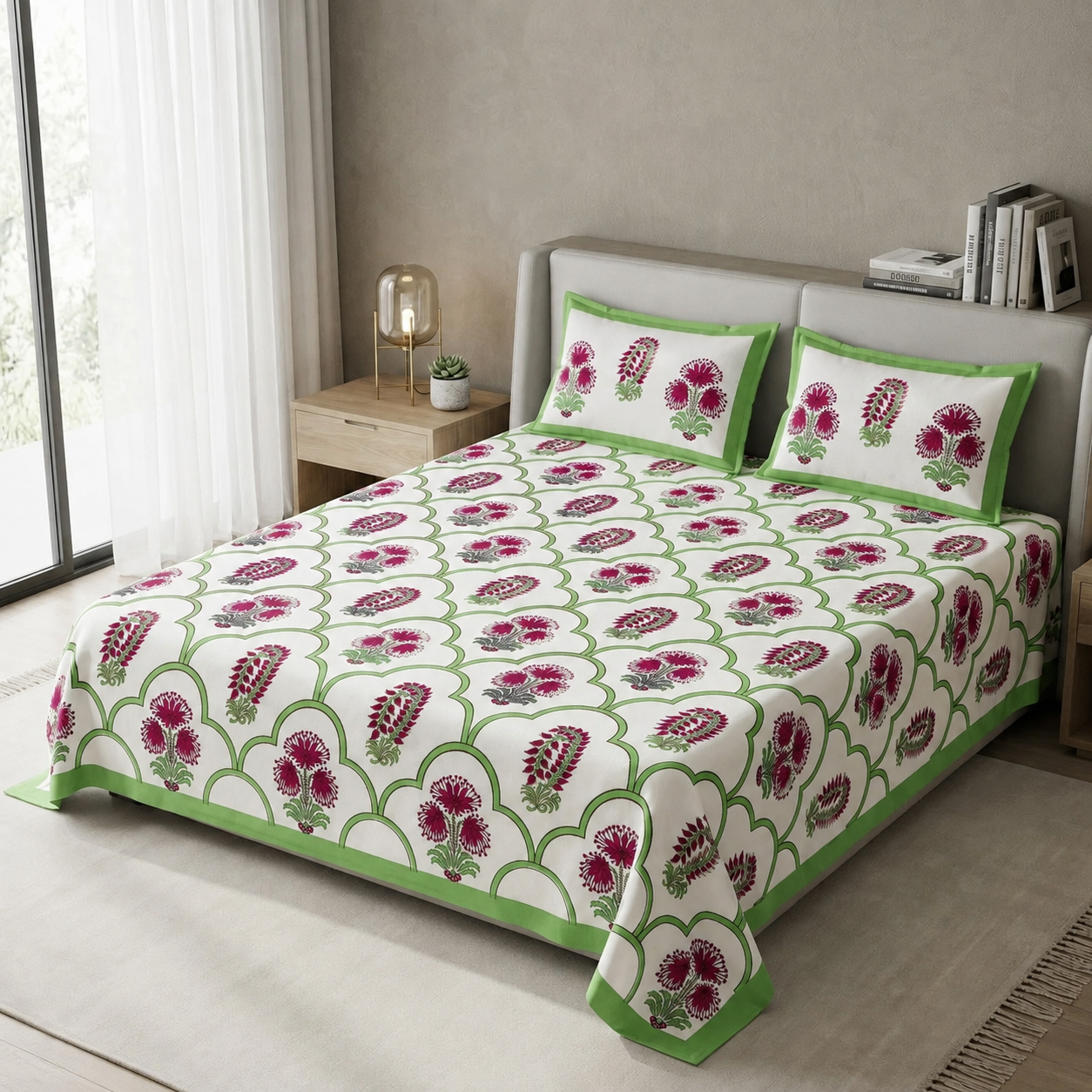 Sukoon Block Print King Size Bedsheet 100% Pure Cotton – King Size 8 × 9 Feet | Product Code :- 55B68RKEH