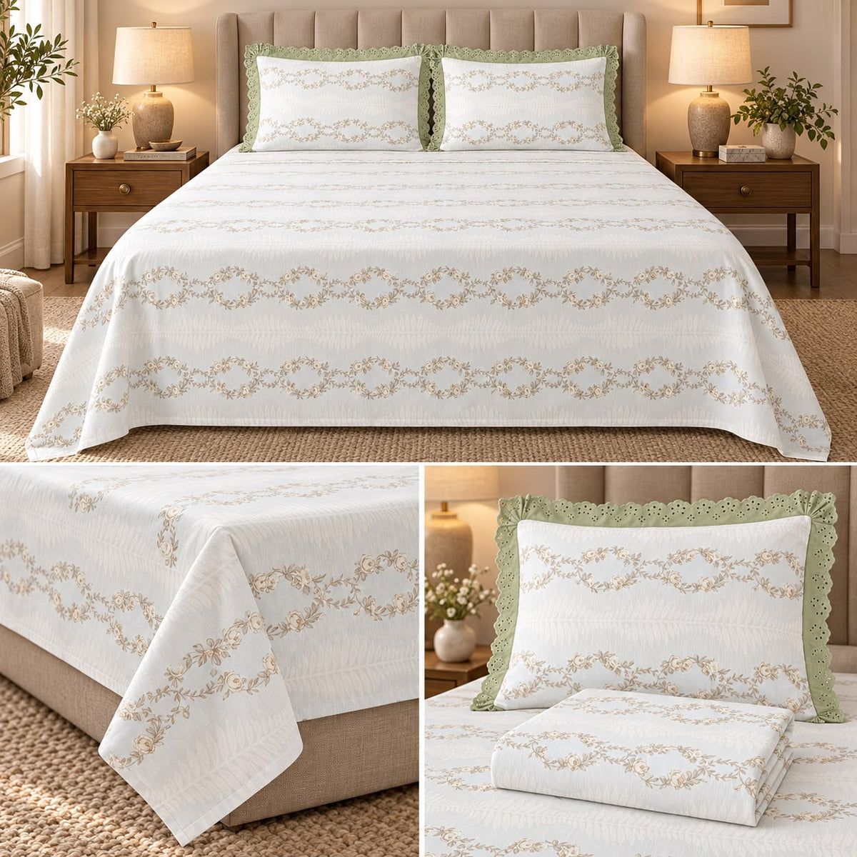 English Floral Print King Size Bedsheet with Lace Pillow Covers – 3 Pcs Set