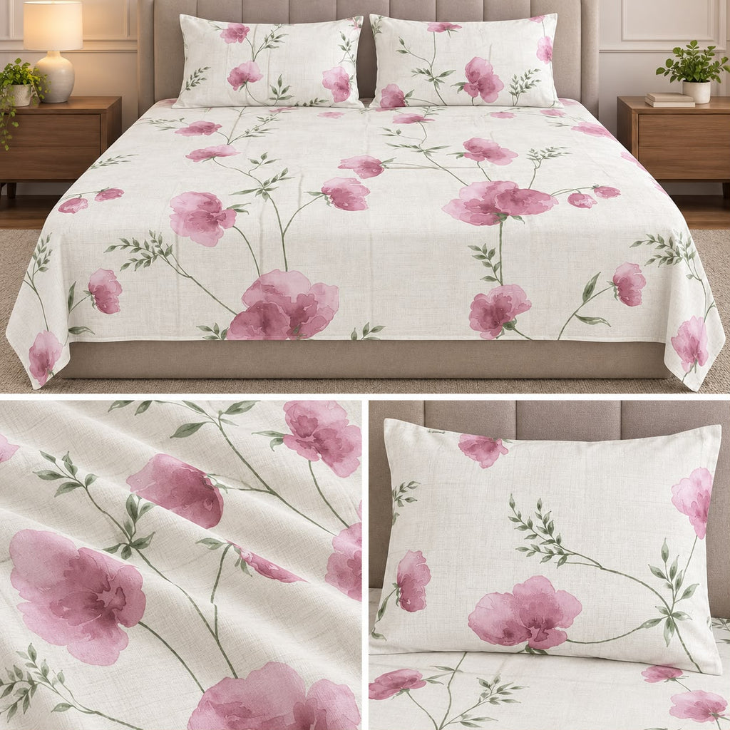 Midnight Bloom Premium Pure Cotton Floral Bedsheet Set – Jumbo King Size 3 Pcs (122 × 122 Inches)