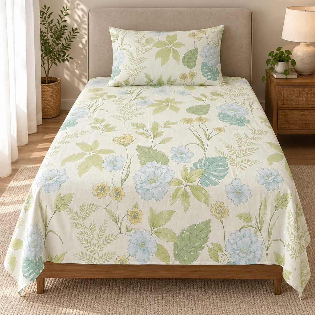 Printed Single Bedsheet Set – 2 Pcs (1 Bedsheet + 1 Pillow Cover) 100 % Pure Cotton