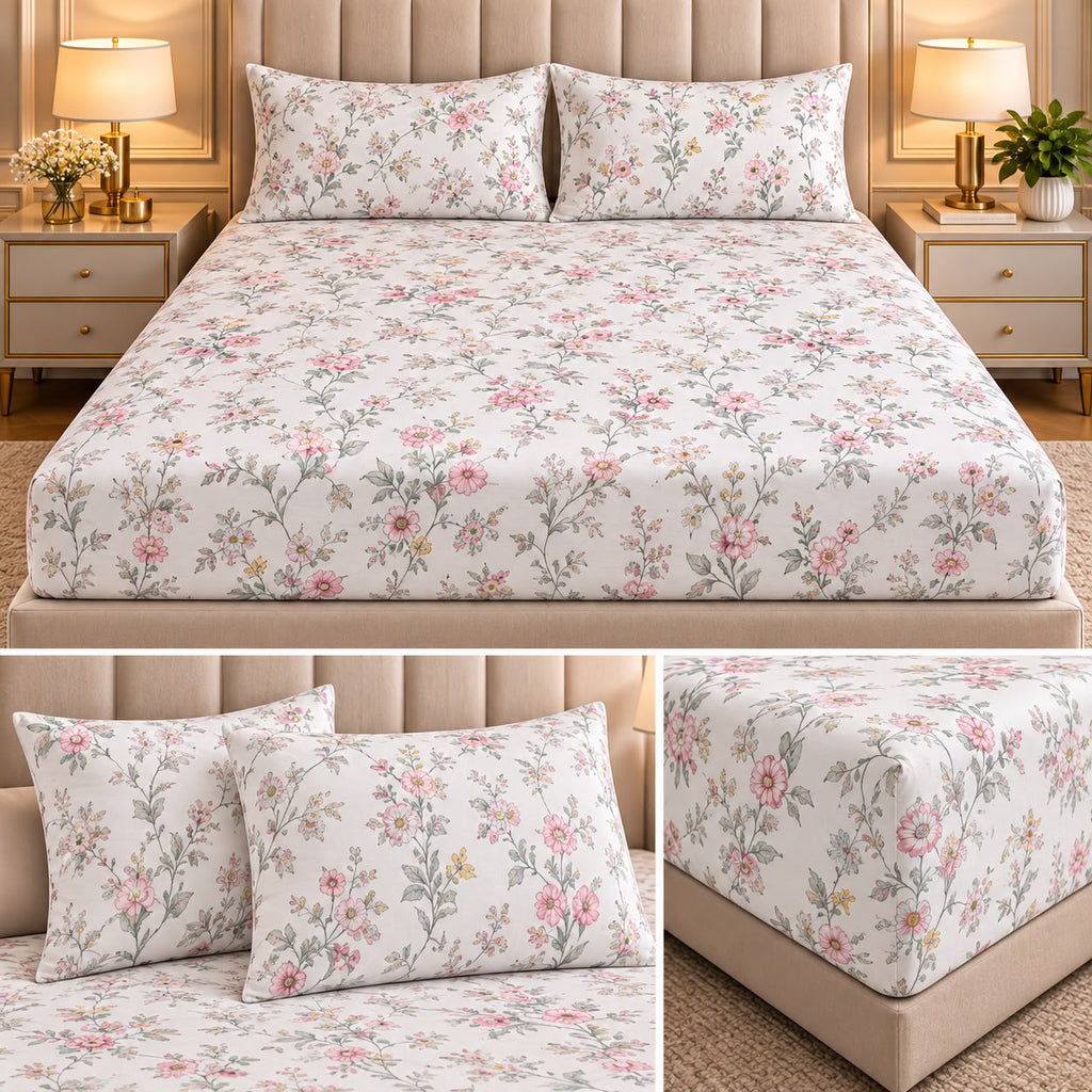 Elegance 100% Cotton King Size Fitted Bedsheet Set – 3 Pcs