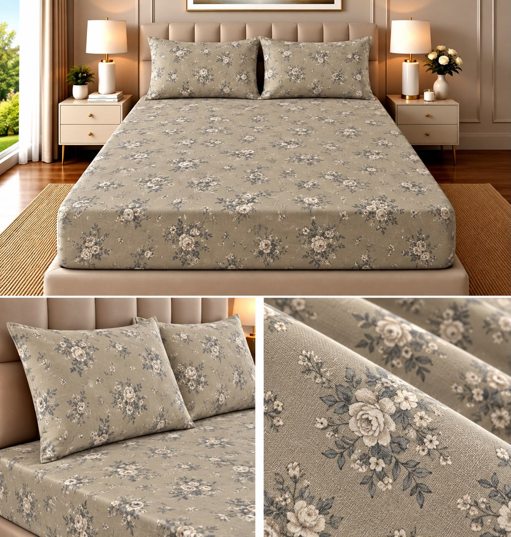Elegance Pure Cotton King Size Fitted Bedsheet – 3 Piece Set with 2 Pillow Covers