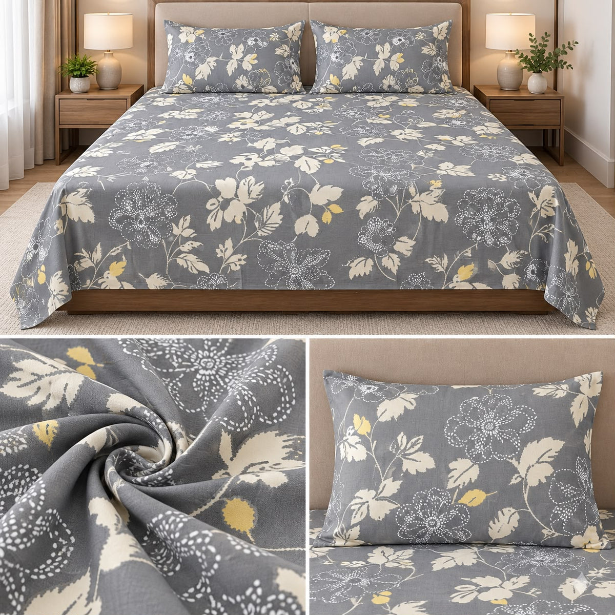 Midnight Bloom Premium Pure Cotton Floral Bedsheet Set – Jumbo King Size 3 Pcs (122 × 122 Inches)