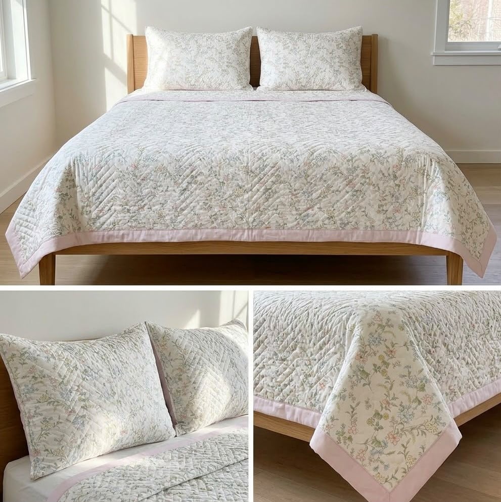 Luxury Floral Quilted Bedcover Set with Elegant Border Detailing – King Size (3 Pcs)