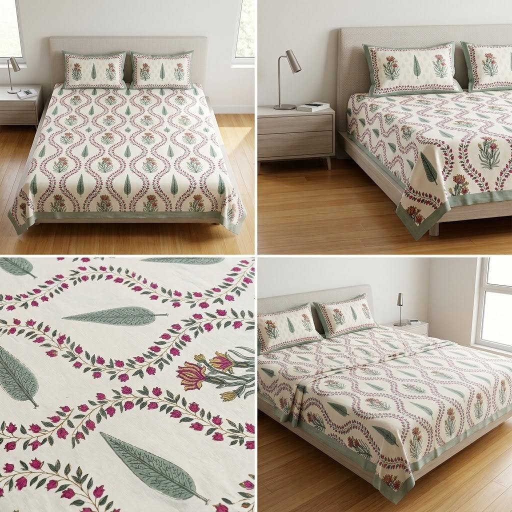 Sukoon Block Print King Size Bedsheet 100% Pure Cotton – King Size 8 × 9 Feet | Product Code :- 55B68RKEH