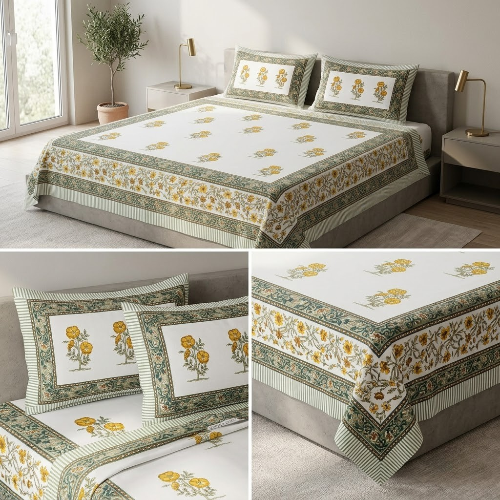 Sukoon Block Print King Size Bedsheet 100% Pure Cotton – King Size 8 × 9 Feet | Product Code :- 55B68RKEH