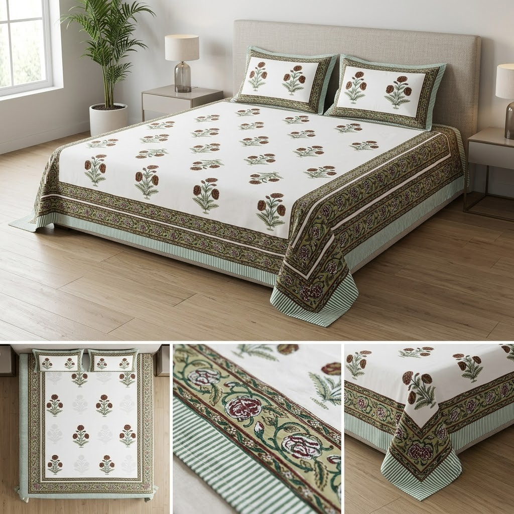 Sukoon Block Print King Size Bedsheet 100% Pure Cotton – King Size 8 × 9 Feet | Product Code :- 55B68RKEH