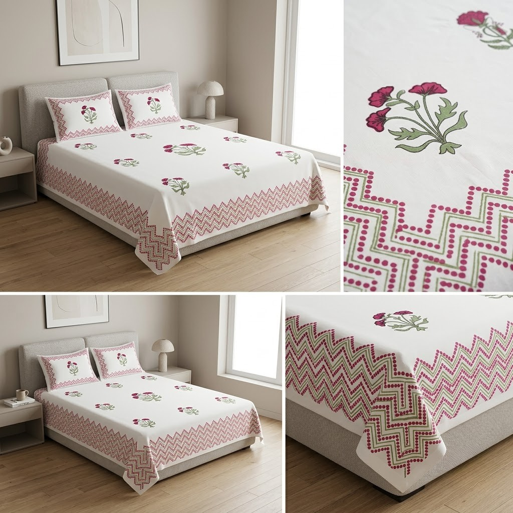 Sukoon Block Print King Size Bedsheet – 8 × 9 Feet | Product Code :- 55B68RKEH