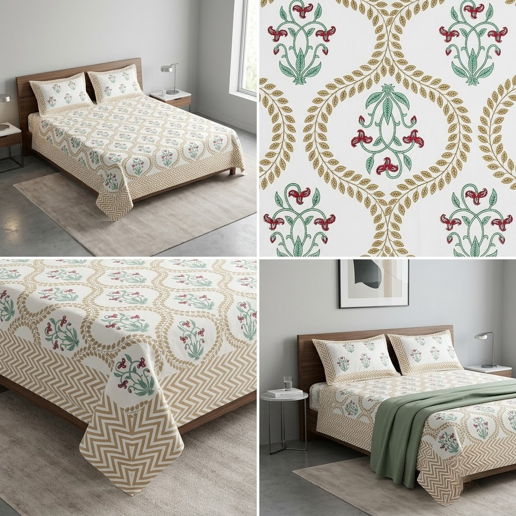 Sukoon Block Print King Size Bedsheet 100% Pure Cotton – King Size 8 × 9 Feet | Product Code :- 55B68RKEH