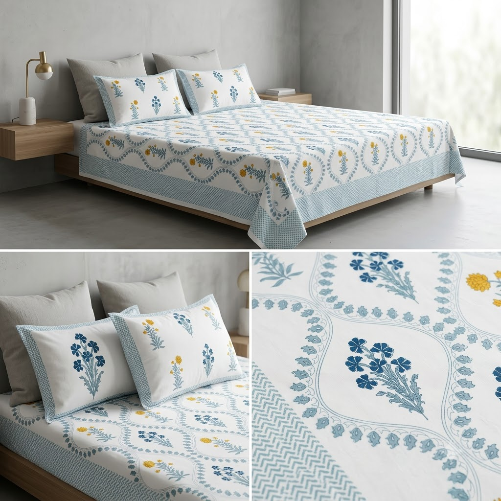 Sukoon Block Print King Size Bedsheet 100% Pure Cotton – King Size 8 × 9 Feet | Product Code :- 55B68RKEH
