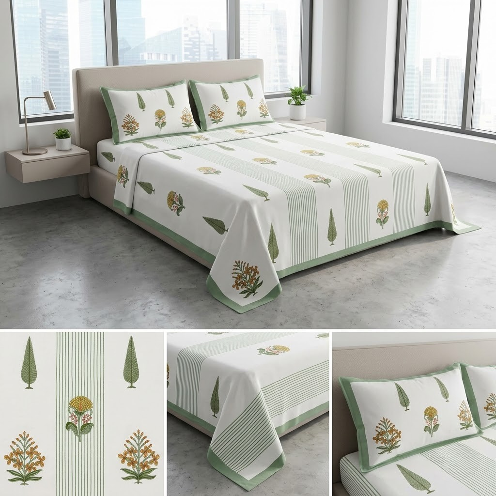 Sukoon Block Print King Size Bedsheet 100% Pure Cotton – King Size 8 × 9 Feet | Product Code :- 55B68RKEH