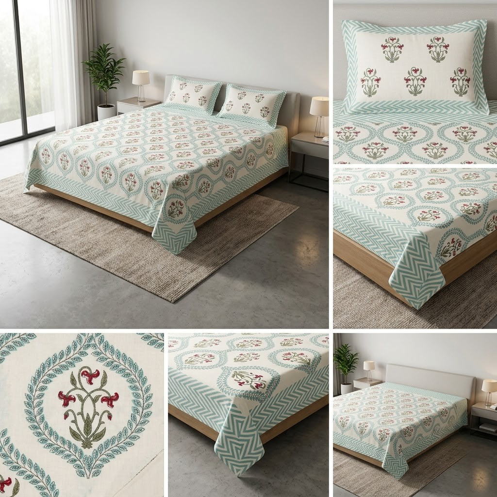 Sukoon Block Print King Size Bedsheet 100% Pure Cotton – King Size 8 × 9 Feet | Product Code :- 55B68RKEH