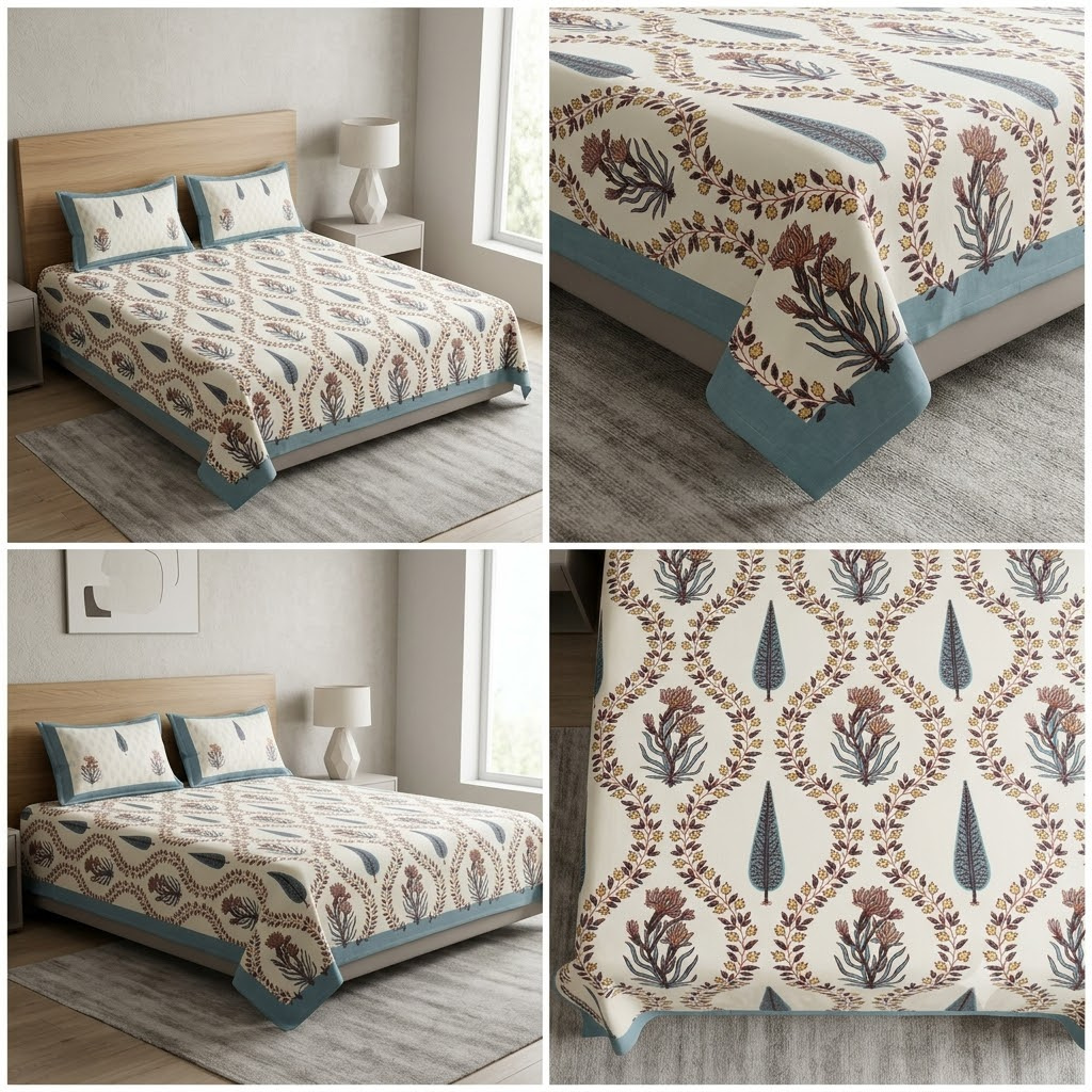 Sukoon Block Print King Size Bedsheet 100% Pure Cotton – King Size 8 × 9 Feet | Product Code :- 55B68RKEH