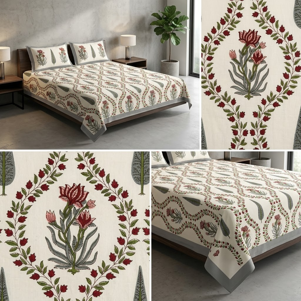 Sukoon Block Print King Size Bedsheet 100% Pure Cotton – King Size 8 × 9 Feet | Product Code :- 55B68RKEH