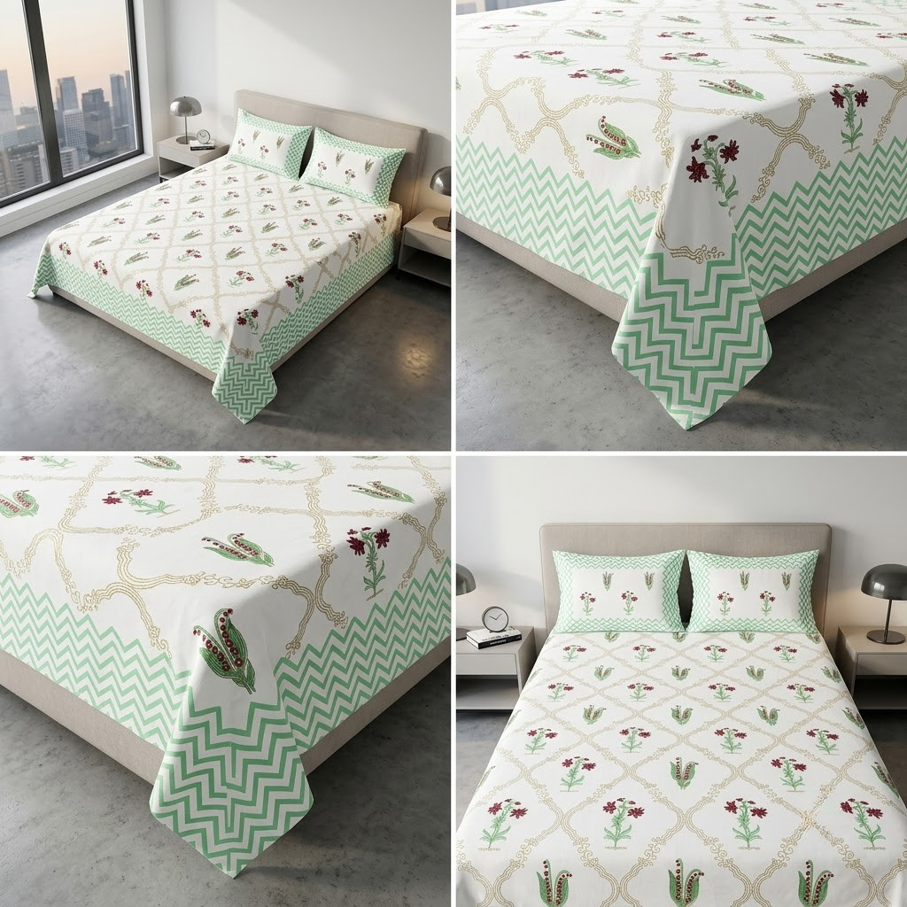 Sukoon Block Print King Size Bedsheet – 8 × 9 Feet | Product Code :- 55B68RKEH