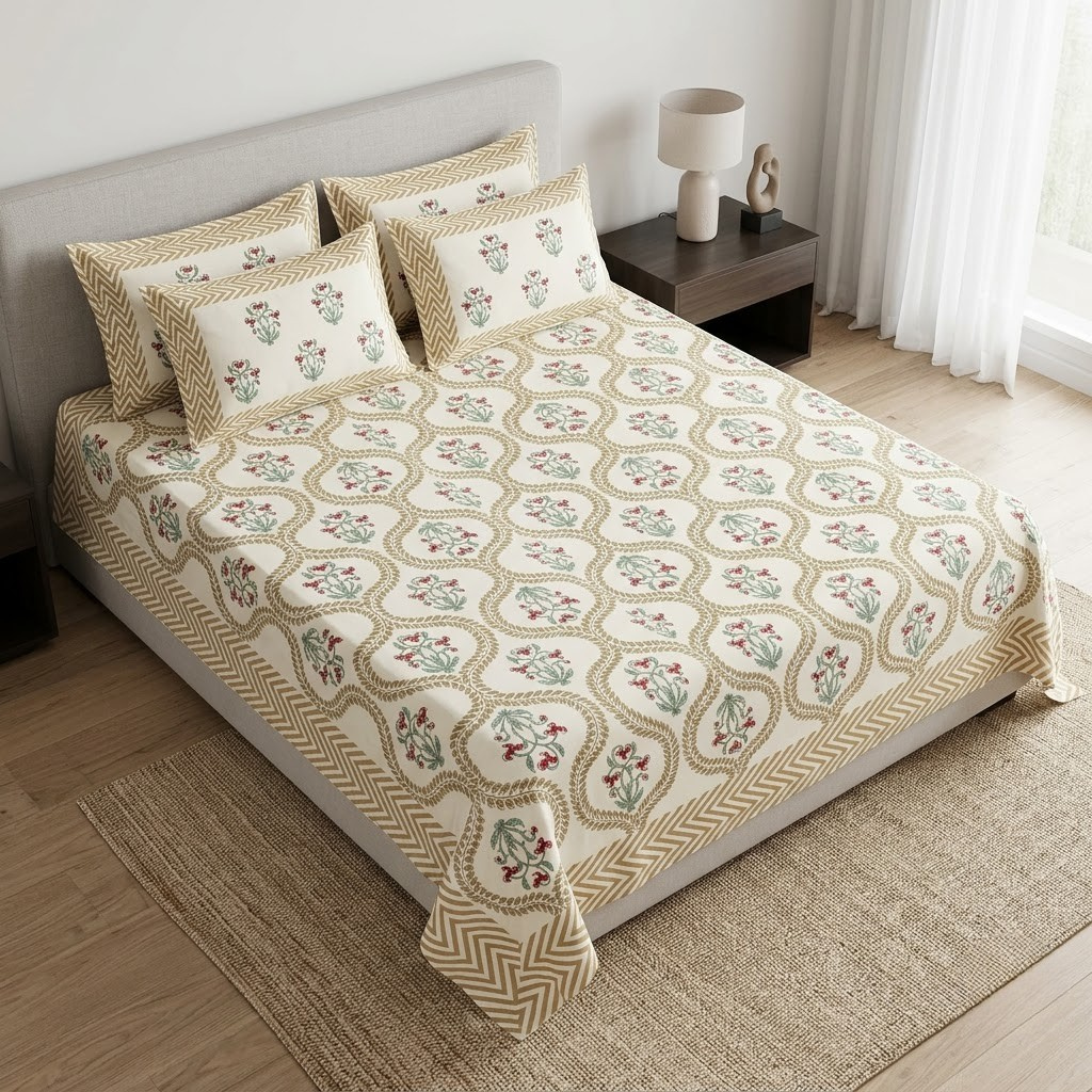 Sukoon Block Print King Size Bedsheet 100% Pure Cotton – King Size 8 × 9 Feet | Product Code :- 55B68RKEH