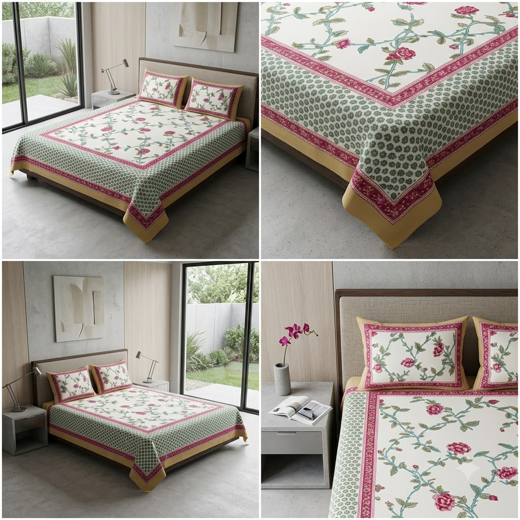 Sukoon Block Print King Size Bedsheet 100% Pure Cotton – King Size 8 × 9 Feet | Product Code :- 55B68RKEH