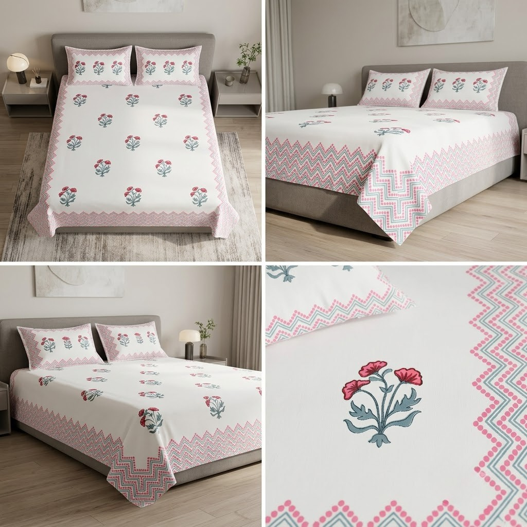 Sukoon Block Print King Size Bedsheet 100% Pure Cotton – King Size 8 × 9 Feet | Product Code :- 55B68RKEH