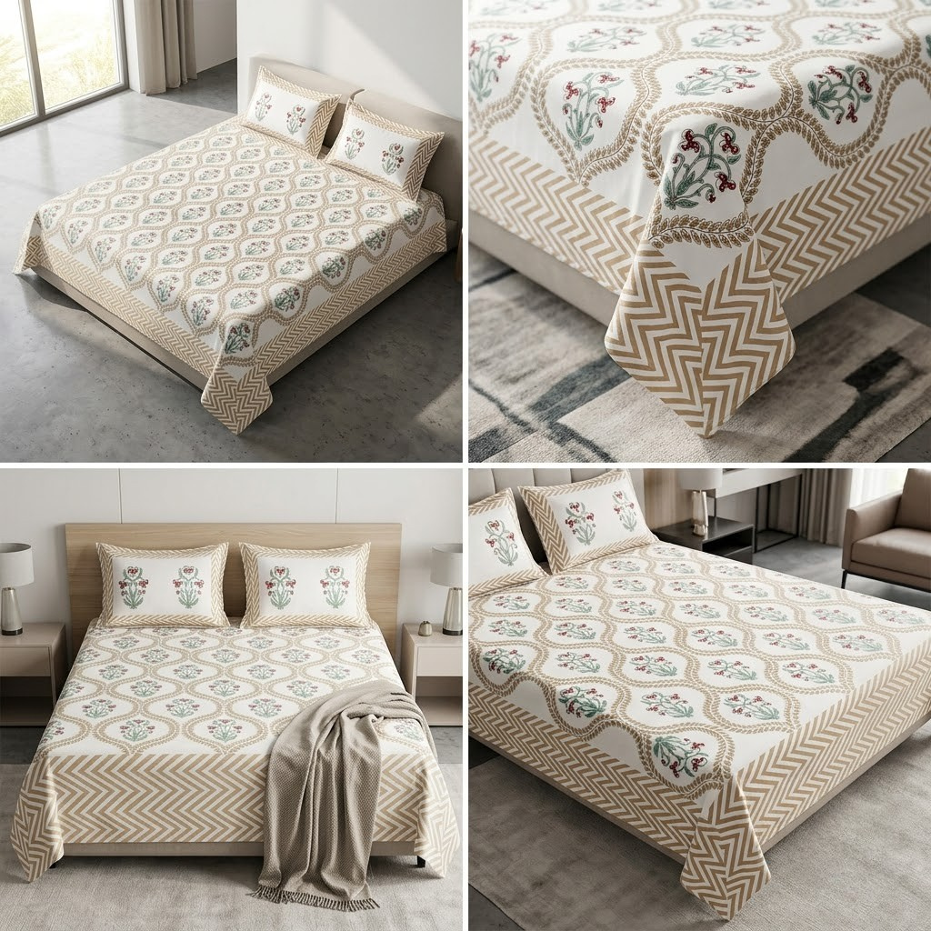 Sukoon Block Print King Size Bedsheet 100% Pure Cotton – King Size 8 × 9 Feet | Product Code :- 55B68RKEH