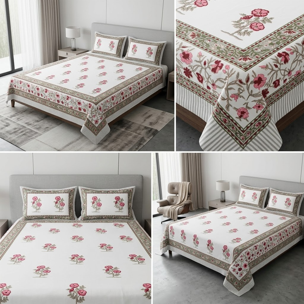 Sukoon Block Print King Size Bedsheet – 8 × 9 Feet | Product Code :- 55B68RKEH