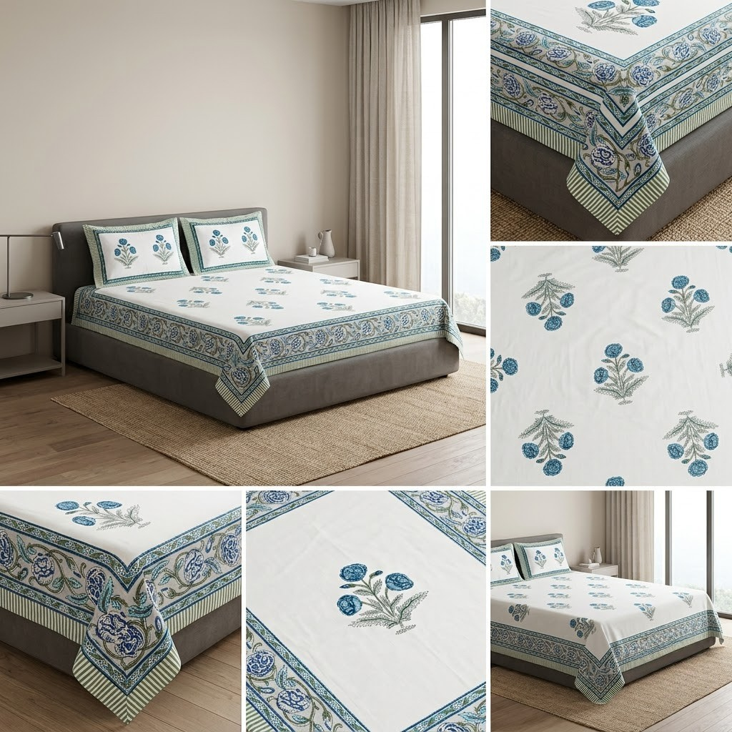 Sukoon Block Print King Size Bedsheet – 8 × 9 Feet | Product Code :- 55B68RKEH