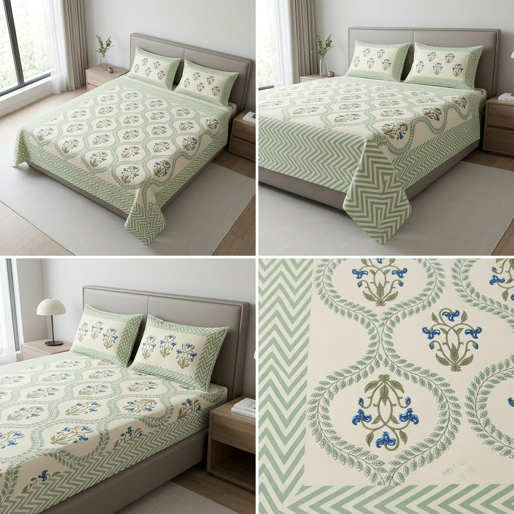 Sukoon Block Print King Size Bedsheet – 8 × 9 Feet | Product Code :- 55B68RKEH