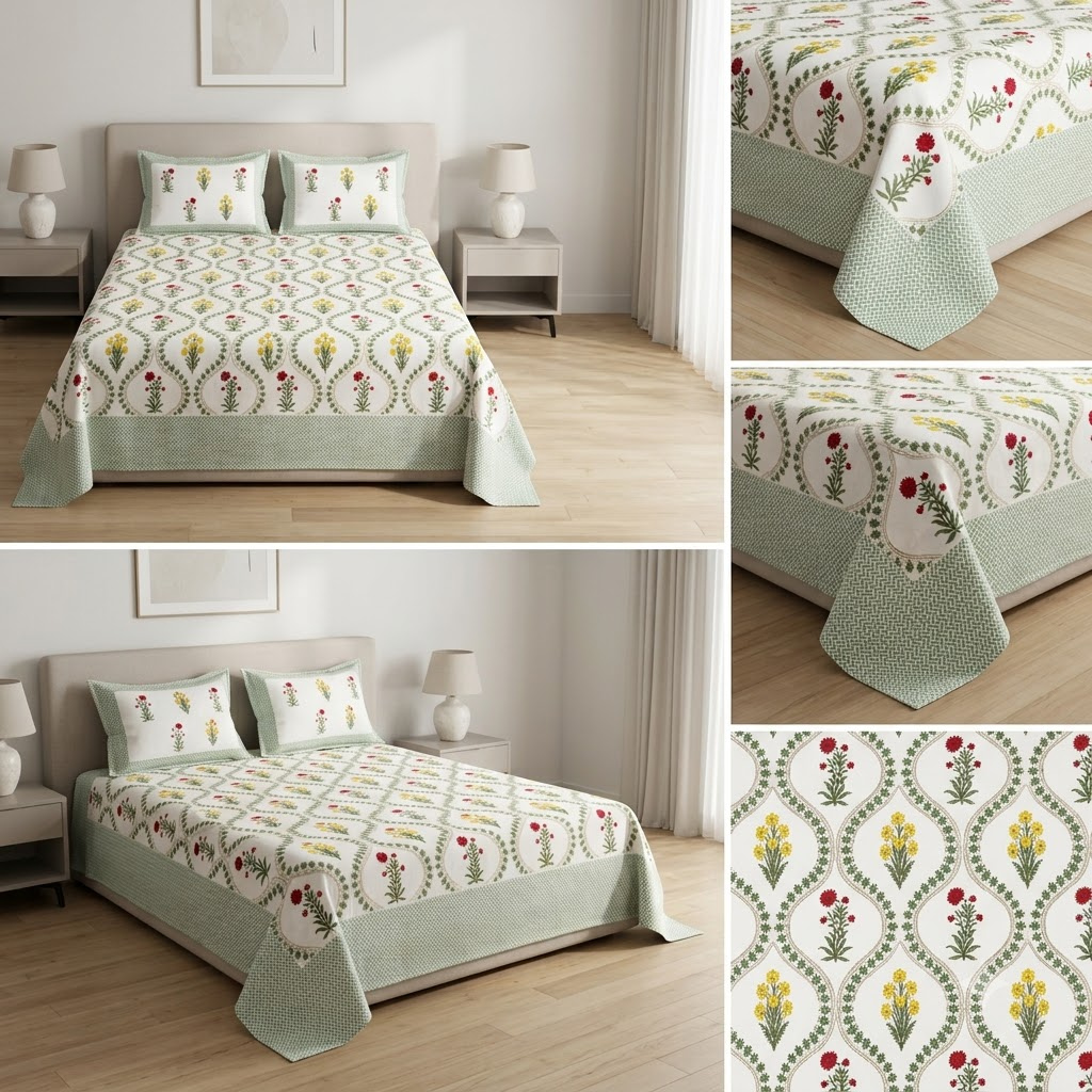 Sukoon Block Print King Size Bedsheet – 8 × 9 Feet | Product Code :- 55B68RKEH