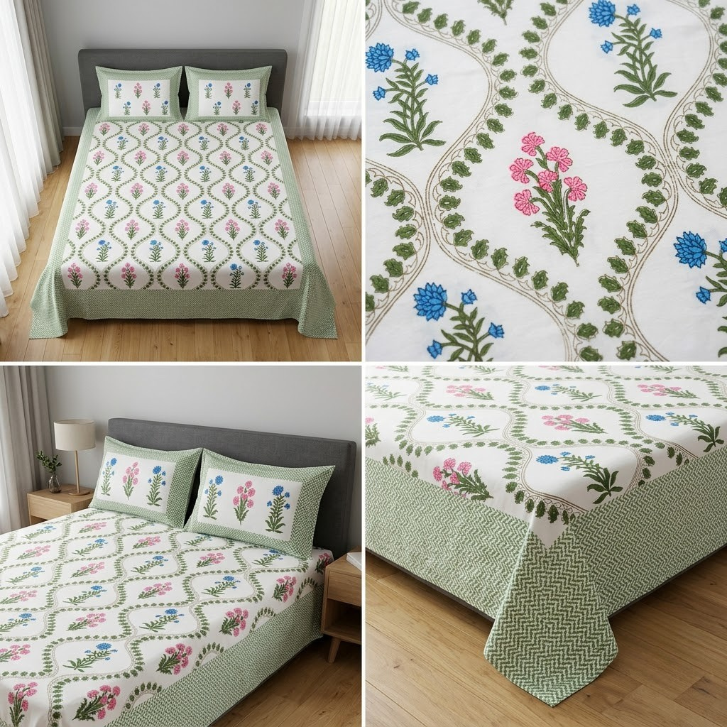 Sukoon Block Print King Size Bedsheet – 8 × 9 Feet | Product Code :- 55B68RKEH