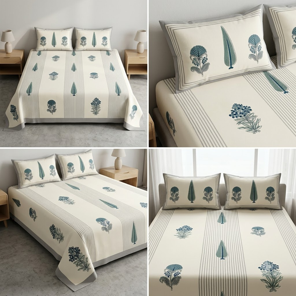 Sukoon Block Print King Size Bedsheet – 8 × 9 Feet | Product Code :- 55B68RKEH