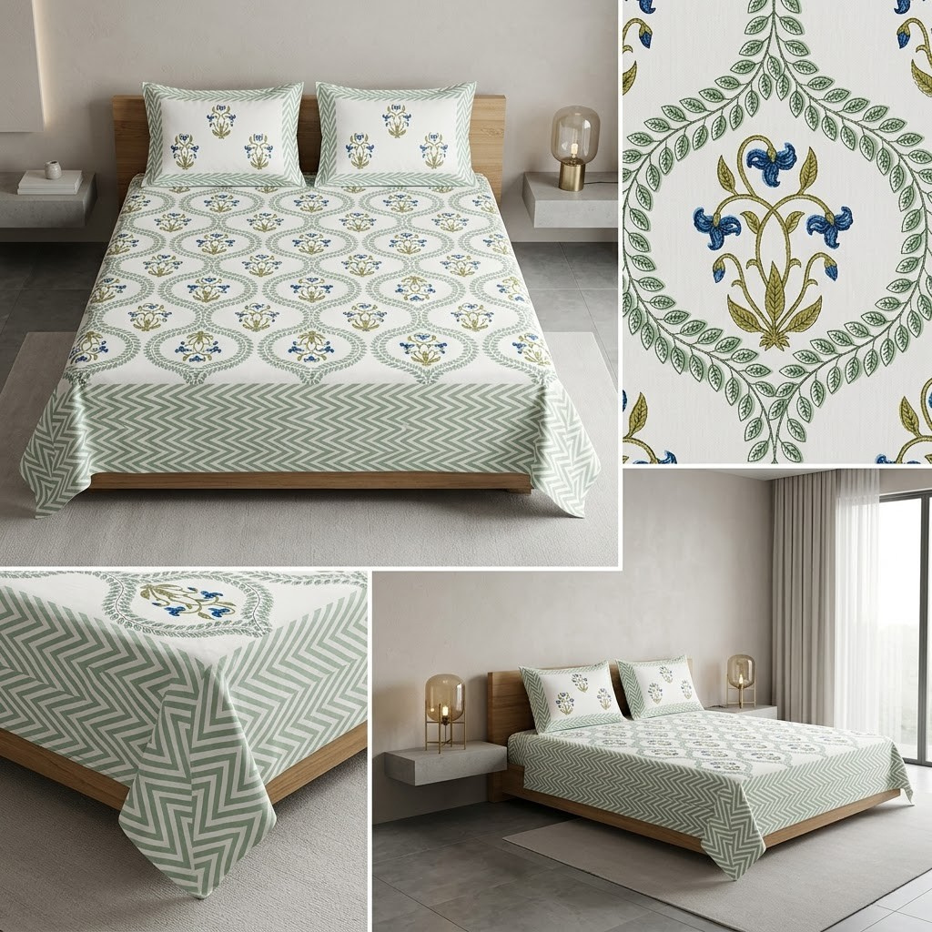 Sukoon Block Print King Size Bedsheet – 8 × 9 Feet | Product Code :- 55B68RKEH