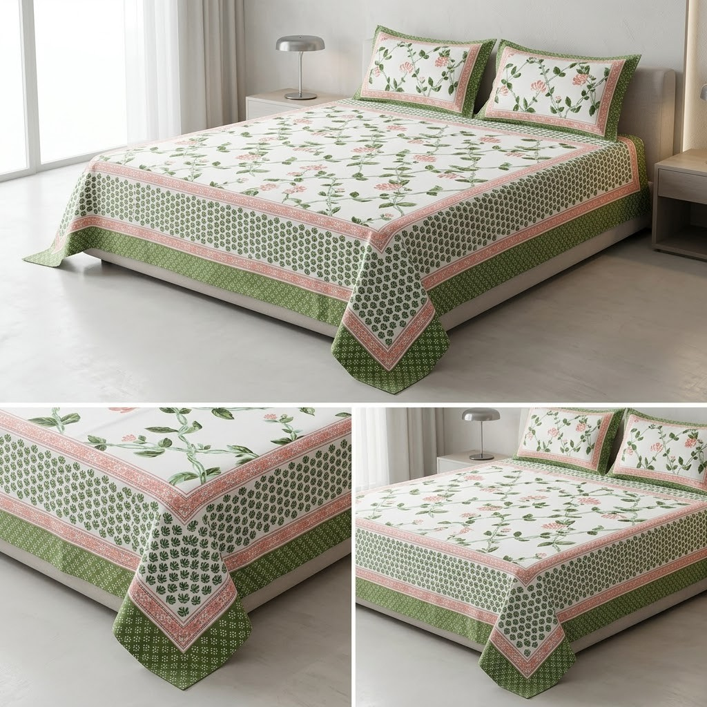 Sukoon Block Print King Size Bedsheet – 8 × 9 Feet | Product Code :- 55B68RKEH