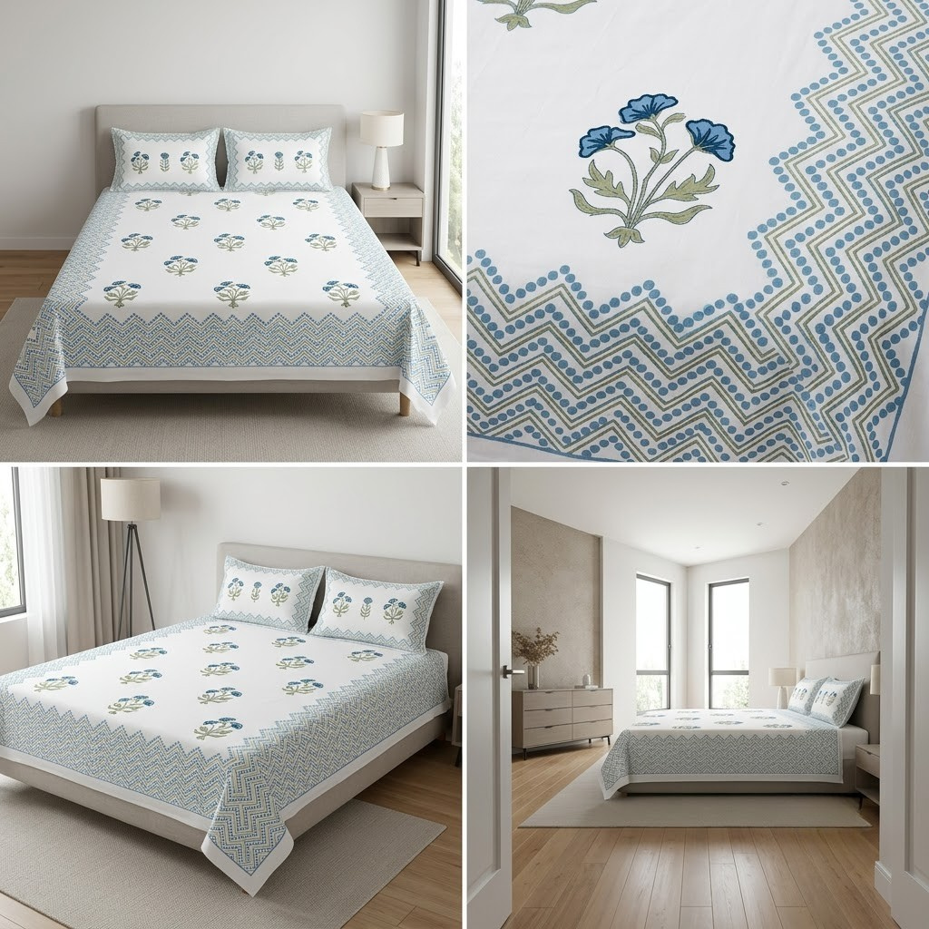 Sukoon Block Print King Size Bedsheet – 8 × 9 Feet | Product Code :- 55B68RKEH