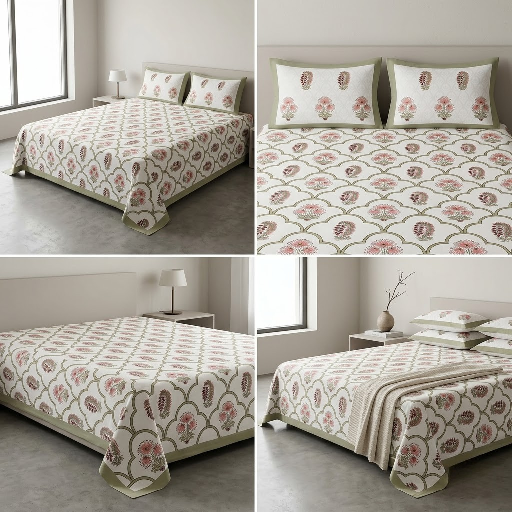 Sukoon Block Print King Size Bedsheet 100% Pure Cotton – King Size 8 × 9 Feet | Product Code :- 55B68RKEH
