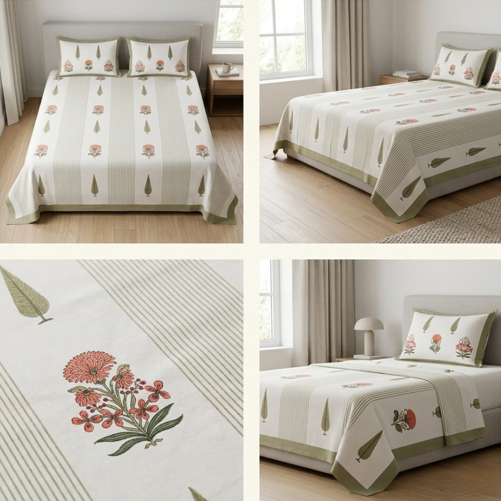 Sukoon Block Print King Size Bedsheet 100% Pure Cotton – King Size 8 × 9 Feet | Product Code :- 55B68RKEH