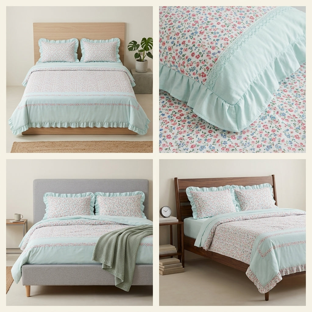 English  4-Piece Frill Lace AC Quilt Set – King Size | Elegant Dual Design